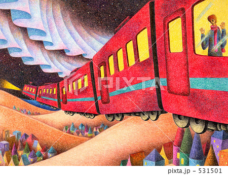 色鉛筆画 電車 空想画 想像画のイラスト素材