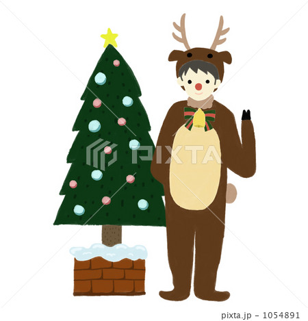 男性 男の子 クリスマスツリー トナカイの写真素材
