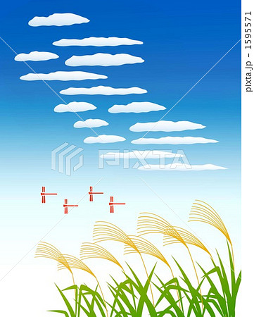 ススキ 青空 アキアカネ 鰯雲のイラスト素材