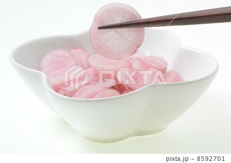 桜漬け大根 食材 桃色の写真素材