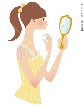 女性 横顔 鏡 手鏡のイラスト素材