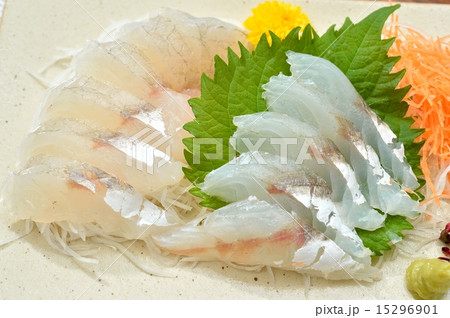 刺身 コチ 食べ物 大葉の写真素材