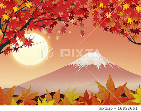 夕暮れ 夕日 富士山 紅葉のイラスト素材