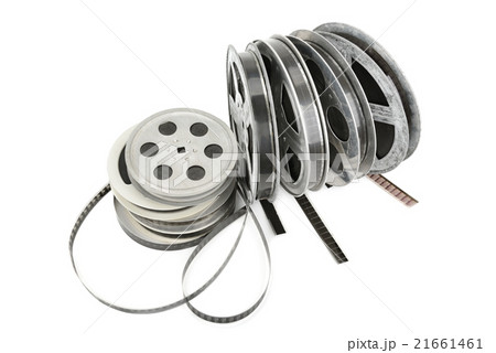 Vintage 16mm Film Reels and Cine-film on White Background Isolated