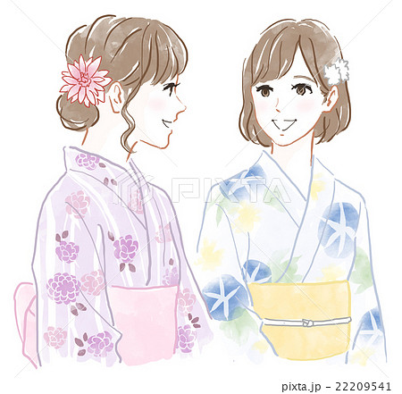 女性 2人 着物 友達のイラスト素材