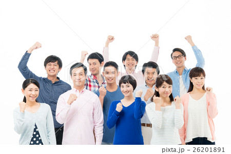 男性 男女 集団 ガッツポーズの写真素材