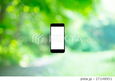 スマホと新緑イメージ 合成用背景素材 緑の背景 植物 春 初夏 木漏れ日 緑とコピースペースの写真素材