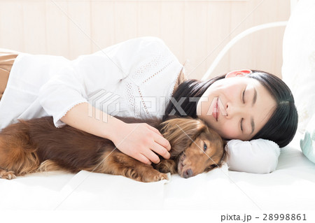 女性 ペット 犬 添い寝の写真素材