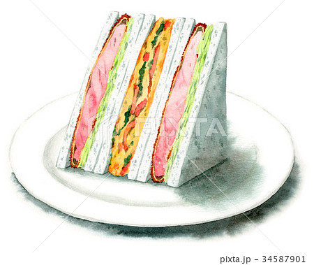 水彩で描いたサンドイッチ とんかつ スペインオムレツ のイラスト素材