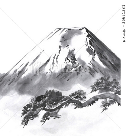 富士山 水墨画 富士 雪山のイラスト素材