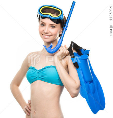 女性 ダイビング 水着 ビキニ 楽しい 潜水の写真素材