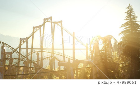 ジェットコースター シルエット 夕焼け 遊園地のイラスト素材