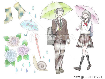 傘 雨 高校生 女の子のイラスト素材