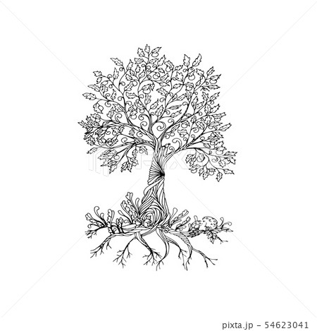 Fairy Hand Drawn Black Line Art Tree のイラスト素材