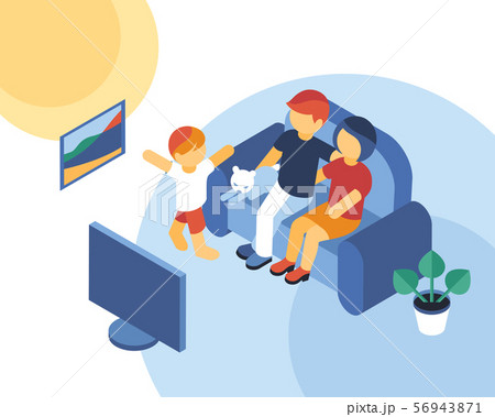 家族 テレビ ウォッチング 見ているのイラスト素材