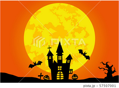 ハロウィン コウモリ 城 シルエットのイラスト素材