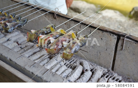 アマゴ塩焼き 炭火の写真素材