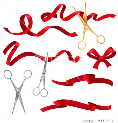 Grand opening ribbon cutting ceremony. Golden scissors cut ribbon