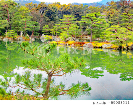 屋根 金閣寺 鳳凰 青空の写真素材