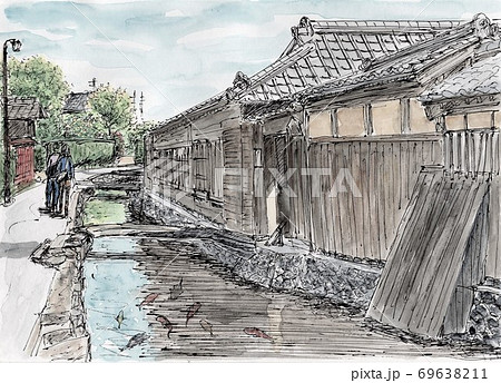 風景画 用水路 水彩画 スケッチのイラスト素材 風景画 用水路 水彩画 スケッチのイラスト素材