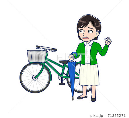 女性 自転車 通勤 雨のイラスト素材