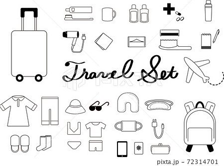 旅行 持ち物 セット 白黒 のイラスト素材