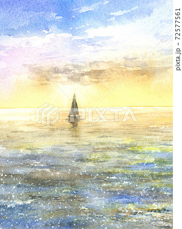 水彩画 水彩 夕日 海のイラスト素材