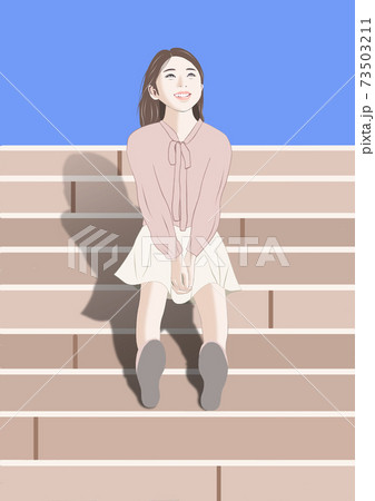 女性 笑顔 見上げる 座るのイラスト素材