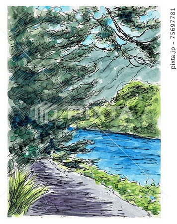 ペン画 風景画 水彩画 河川のイラスト素材