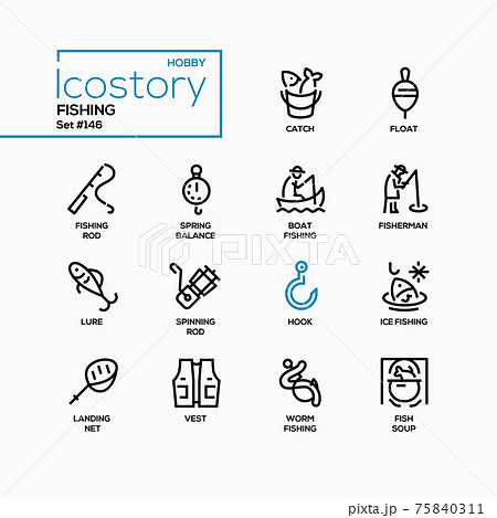 Fishing set. Creative icons: fishing rod, fishing hook, lure, worm