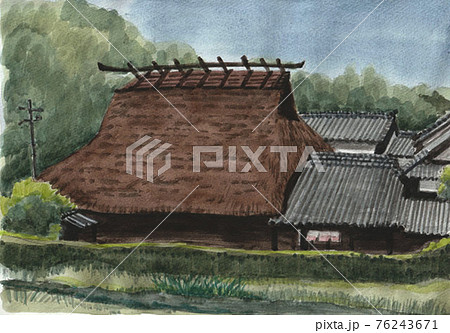 田舎 古民家 茅葺き屋根 水彩画のイラスト素材 - PIXTA