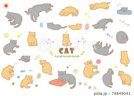 かわいい手描きの猫のイラストセットのイラスト素材