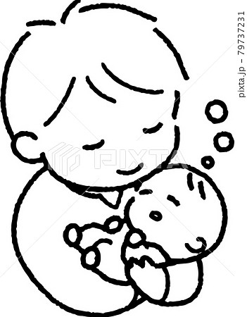 すやすやと眠る赤ちゃんを抱く若い男性のイラストのイラスト素材
