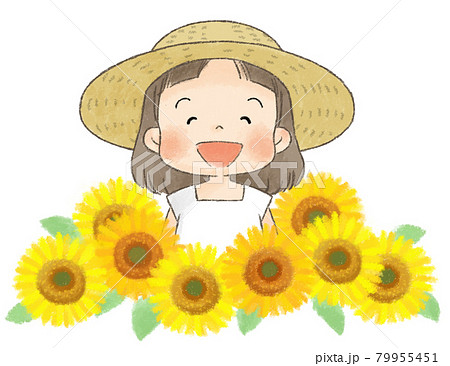 ひまわり畑 女の子 向日葵 畑のイラスト素材