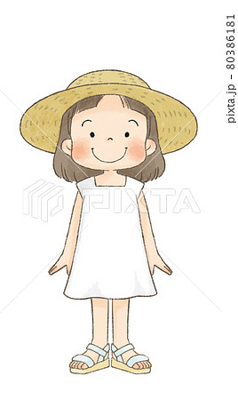 女の子 ワンピース 麦わら帽子 正面のイラスト素材