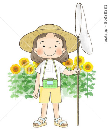 ヒマワリ畑 女の子 イラスト 真夏の写真素材