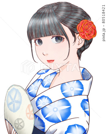 団扇を持った白い浴衣の女性 青い朝顔模様のイラスト素材