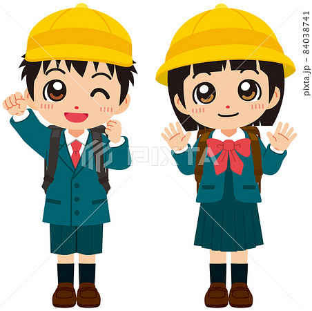 黄色い帽子をかぶった元気な小学一年生の男の子と女の子のイラスト素材