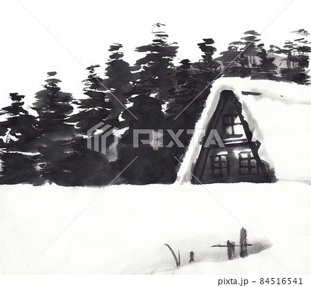 墨絵 水墨画 田舎 古民家のイラスト素材 - PIXTA