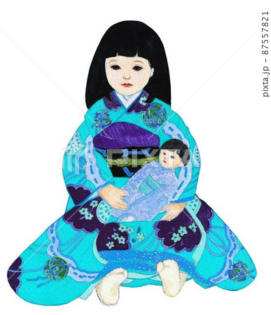 市松人形 青色和服 日本人形、市松人形 、青紫着物 【公式通販】