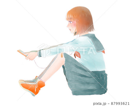 体育座り 女の子 イラスト 横向きの写真素材