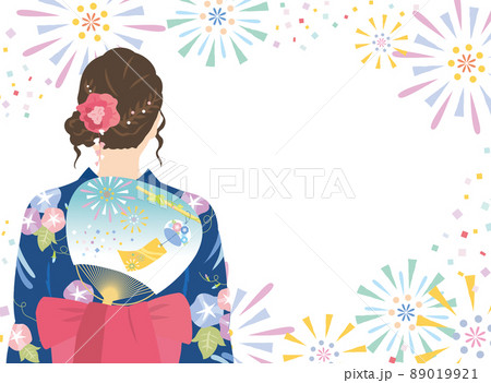 浴衣 夏 女性 花火のイラスト素材