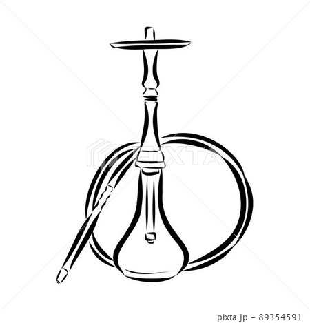 Smoke hookah on a black background with a beautiful smoke. Brown hookah bowl  for tobacco with long leg. Preparing the shisha, aka nargile or hookah at a  restaurant by placing the charcoals