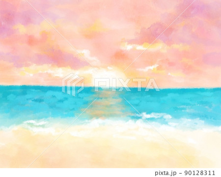 水彩画 水彩 夕日 海のイラスト素材 水彩画 水彩 夕日 海のイラスト素材