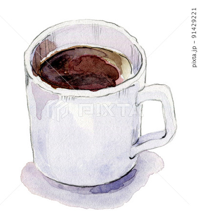 お気に入りのカップ　今朝の気分 　水彩画イラスト 上から見た白磁器のカップにコーヒーの書字が入った水彩のイラスト入り