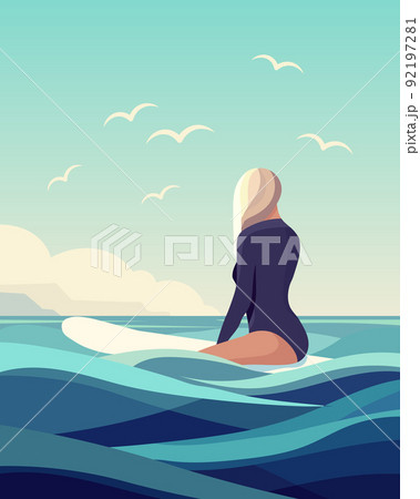 夕日 夕焼け 女の子 砂浜のイラスト素材