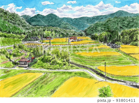 水彩画 里山 秋 風景画のイラスト素材 - PIXTA