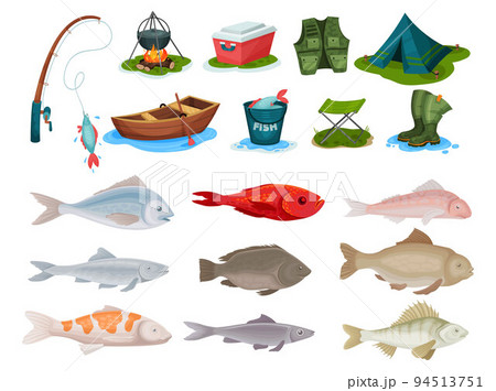 Fish catching set. Creative icons: spearfishing, fisherman, tent