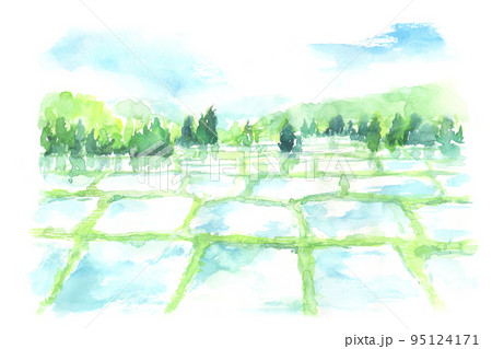 田んぼ 風景画 水彩画 里山のイラスト素材 - PIXTA