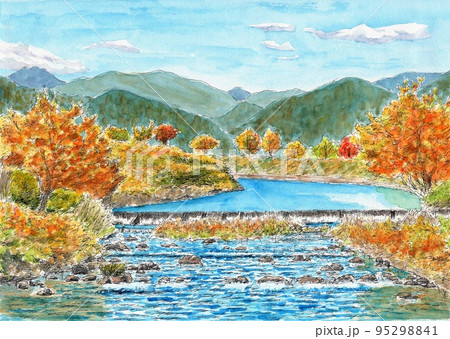 紅葉　秋　湖畔　秋の絵　絵画　美術　山　アート　水彩画　ボート 紅葉 秋 湖畔 秋の絵 絵画 美術 山 アート 水彩画 ボート